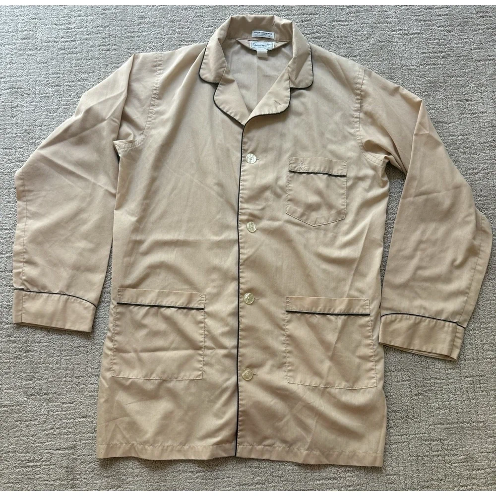 Vintage Christian Dior Monsieur Pajama Top Men's L Long Beige Button Up Dapper